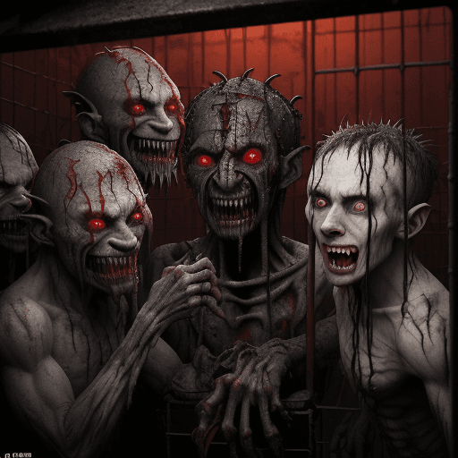AI generated: vision of Hell: extremely real. some emaciated sharggy men with their heads in dirty cages closed wi...