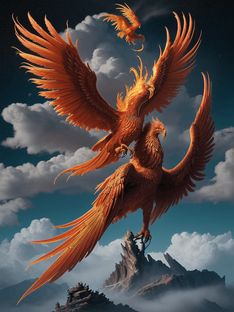 AI generated: A majestic phoenix with vibrant plumage, its fiery wings spread wide, golden feathers illuminating a...