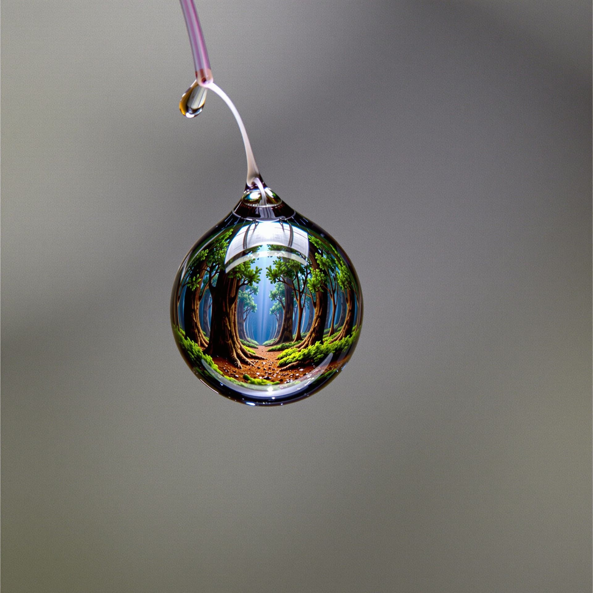 AI generated: Hyper-detailed macro shot of a single dewdrop on a spider's silk, reflecting an entire alien forest ...