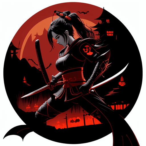 AI generated: the samurai at night with her sword and DC logo, in the style of screen printing, epic fantasy scene...
