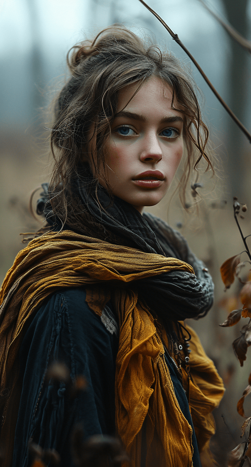 AI generated: a girl standing in a field with a scarf, in the style of dark and brooding designer, voluminous mass...