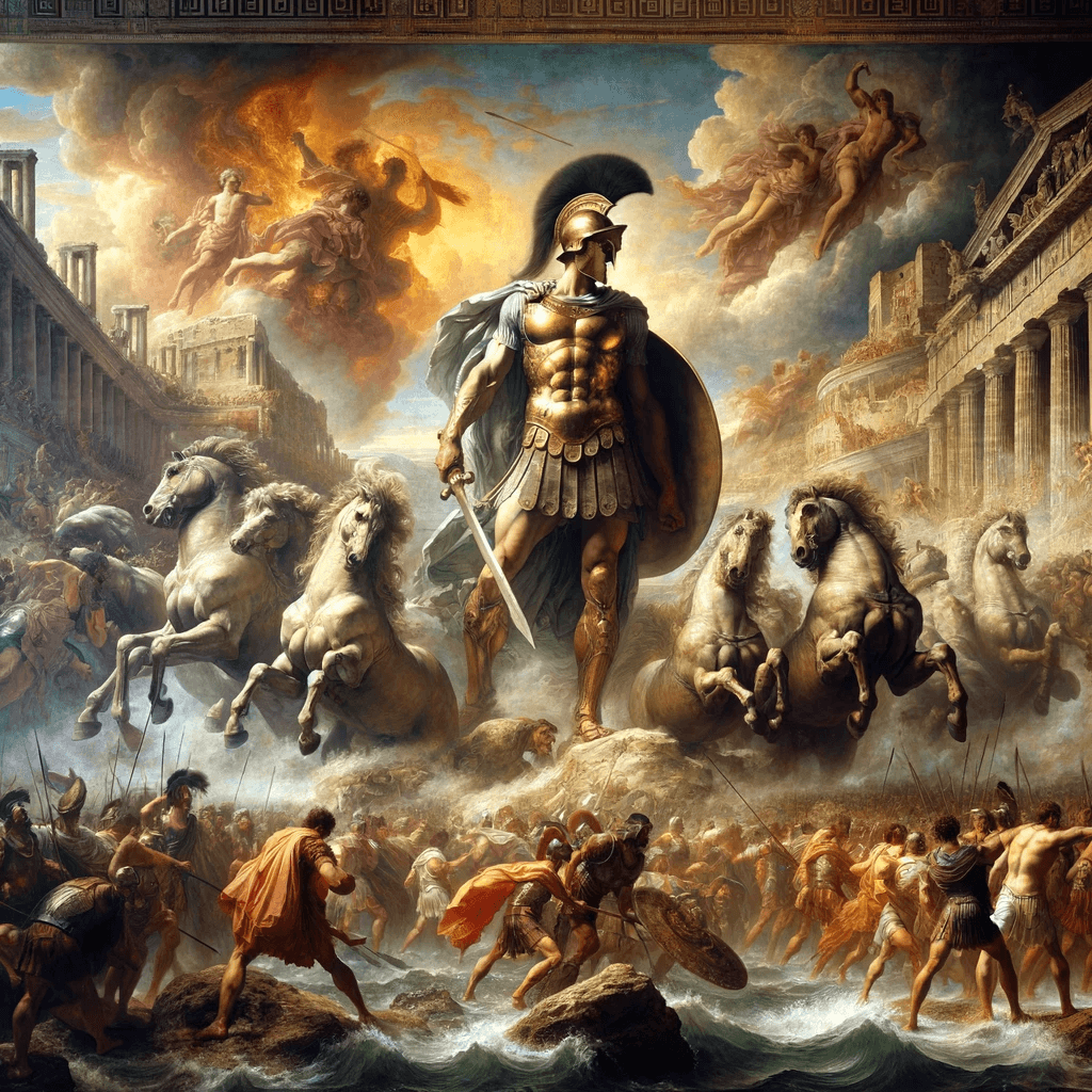 AI generated: Compose a grand fresco that captures the turbulent battle of the Trojan War as if conceived by a mas...
