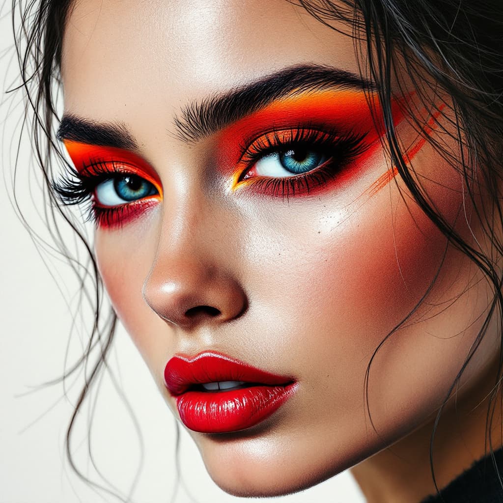 AI generated: a drawing of a woman's face with a red eyeshadow, in the style of bold colorful lines, dark beige an...