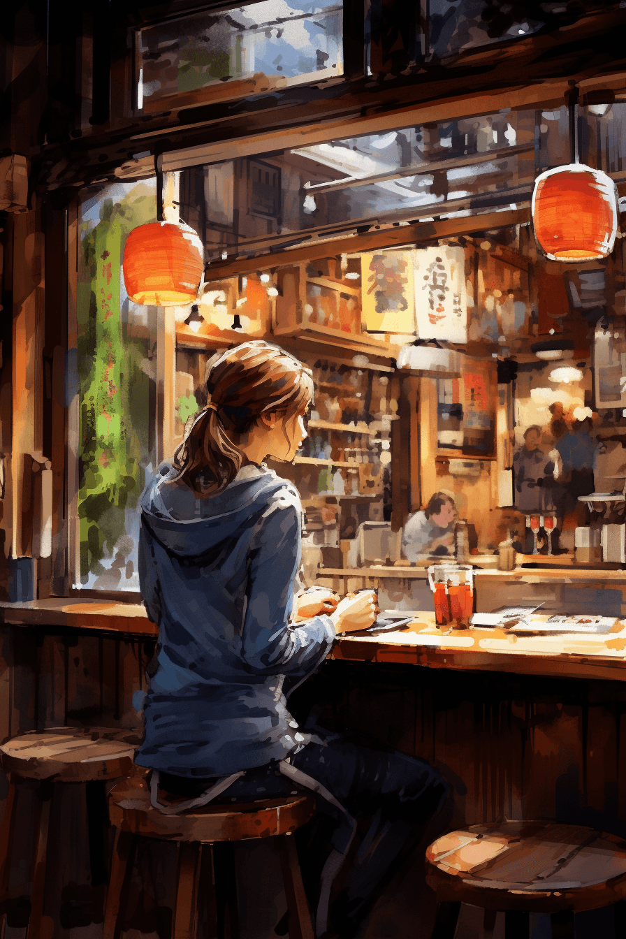 AI generated: Action shot of a woman in the wooden bar of a lively izakaya, culinary style, in a vibrant District,...
