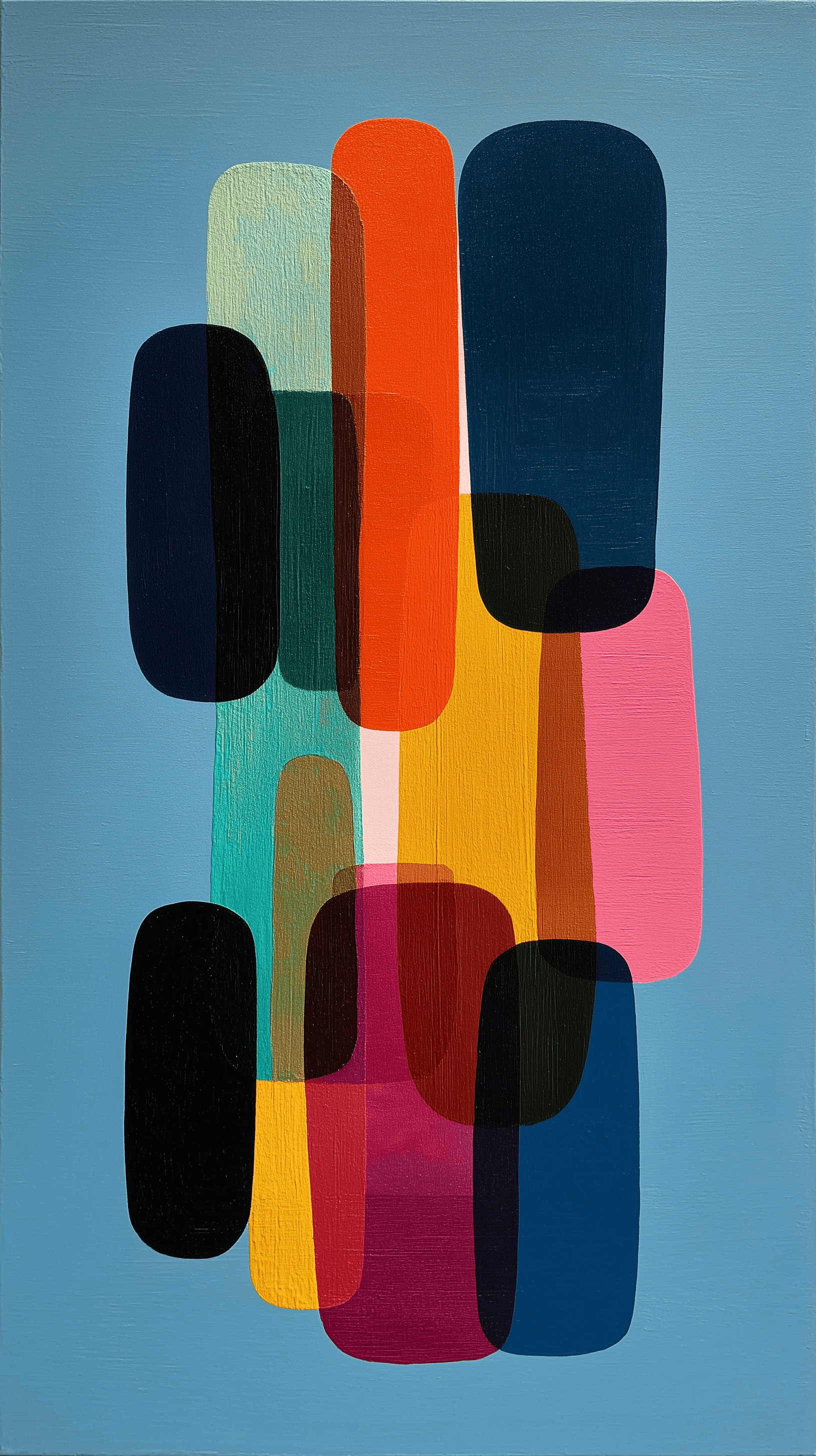 AI generated: abstraction, asymmetric vertical composition, flat acrylic on canvas, abstract shapes, large dark na...