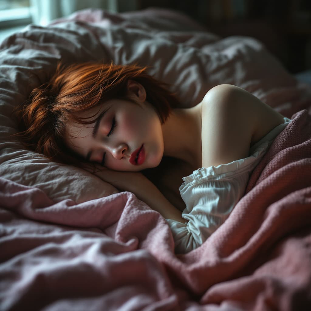 AI generated: female,short auburn hair, moody photo from behind, beautiful skinny 20 year old korean girl sleeping...