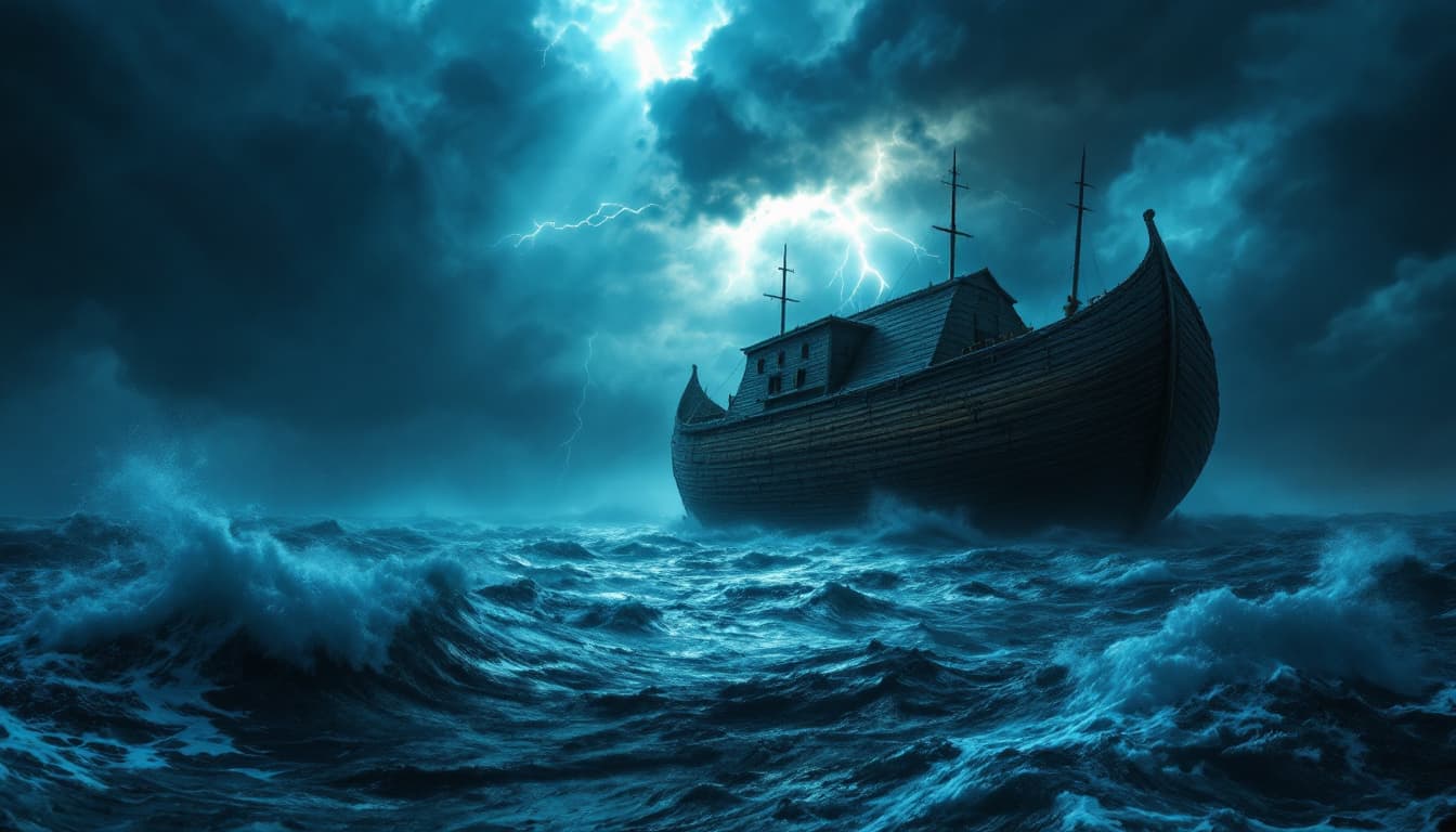 AI generated: Noah's Ark in stormy sea, biblical epic, massive wooden ship, turbulent waves, dramatic stormy sky, ...