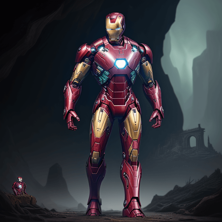 AI generated: haunting creature that looks like a iron man, with,full body, reddish eyes, open wooden chest full o...