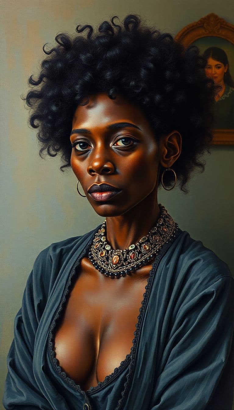 AI generated: a-breathtaking-oil-painting--fashionable-homeless-black-woman-home-interior-setting-anatomically-cor...