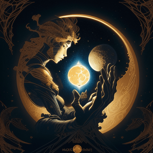 AI generated: glowing moon and space, hands reaching out to each other by Hokusai and James Gurney Peter Mohrbache...