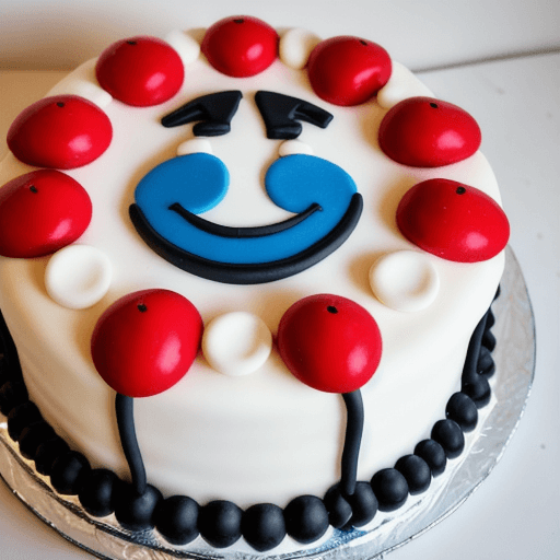 AI generated: productive photography, front view, large elaborate birthday cake, frosting design resembles the fac...
