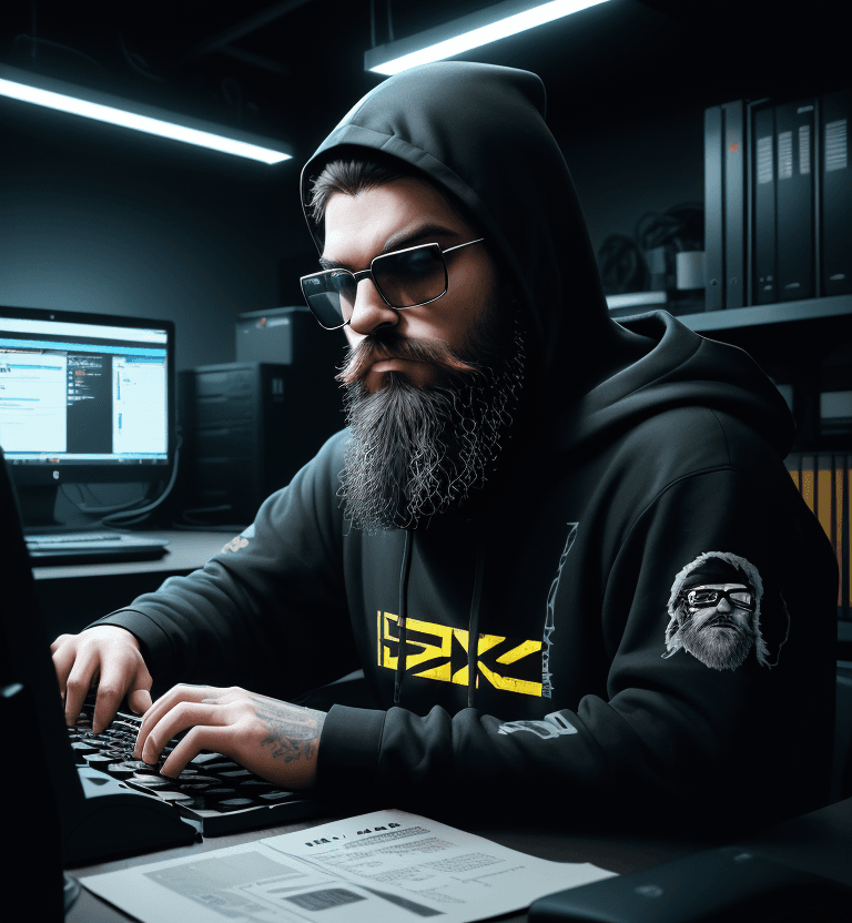 AI generated: 
458 / 5.000
hacker, darkroom, coder, computer, man, medium beard, cool, grunge, (typing), ultra-det...