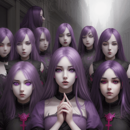 AI generated: Hyper realistic 12 girls with violet hair and red eyes with a divine appereance
