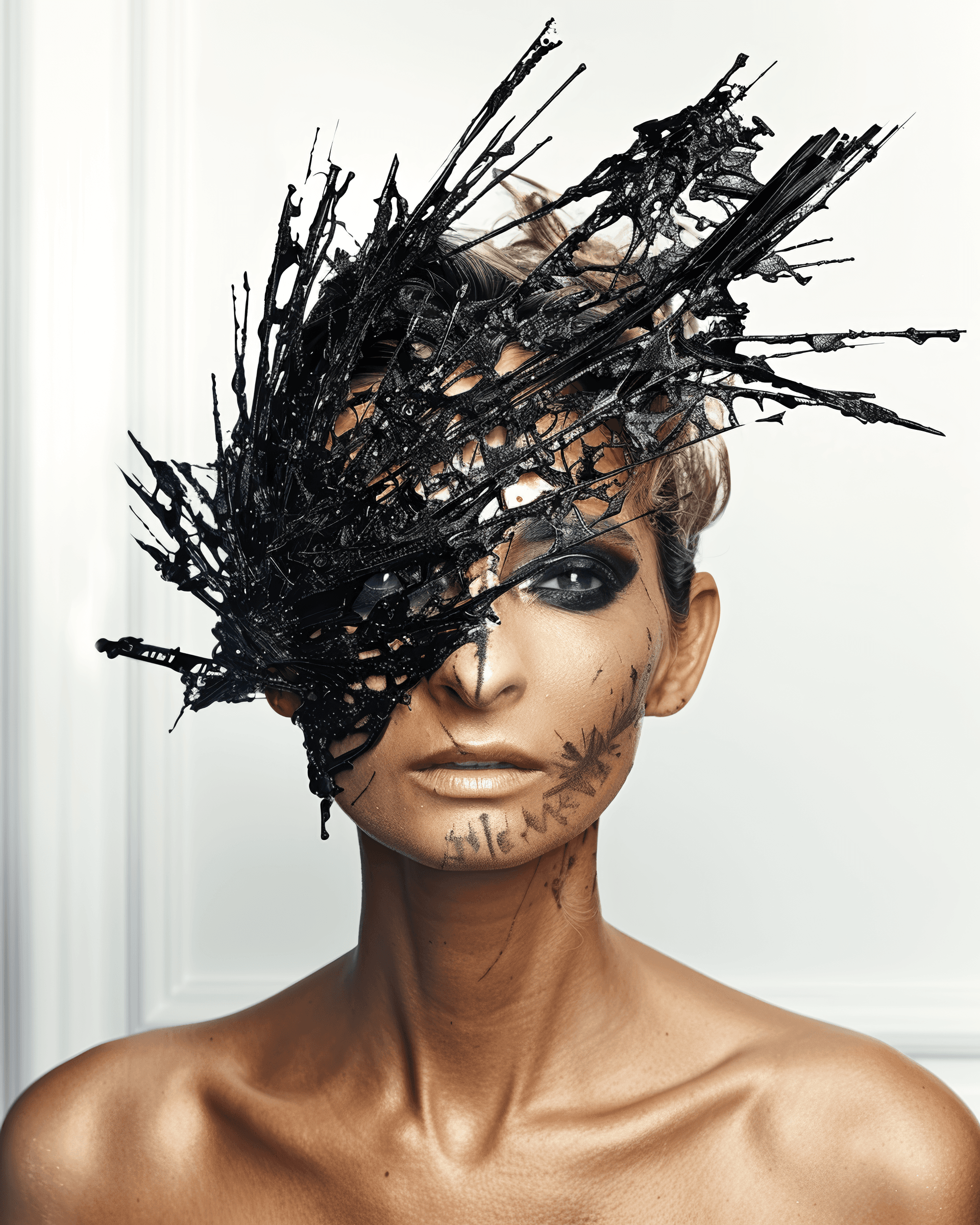 AI generated: A woman with half of her face covered in black plastic, and the other side is made up in the style o...