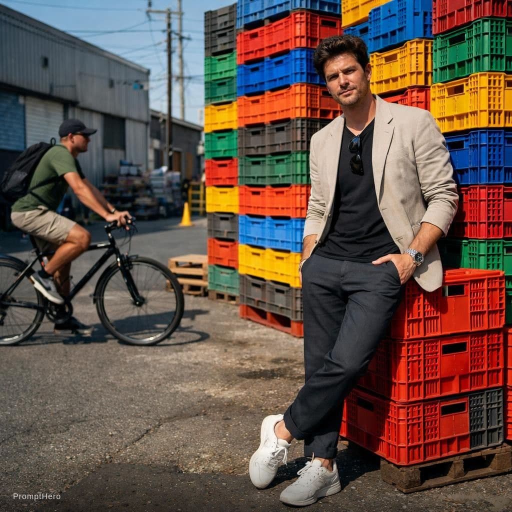 AI generated: contemporary street scene, professional man model with a colorful backdrop of stacked crate, street ...