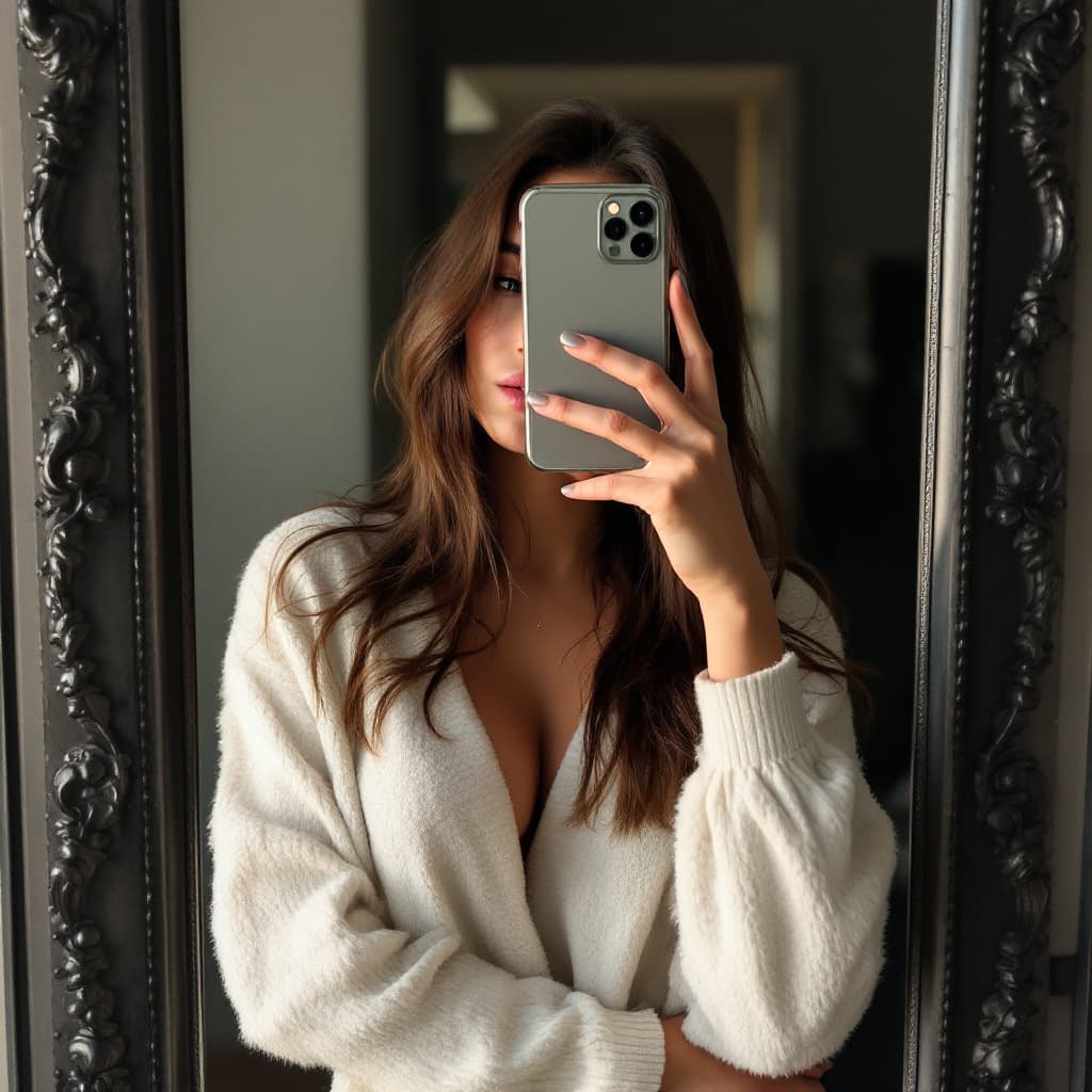 AI generated: the girl takes a photo with her phone of herself in the mirror, she has 24 years old, has straight b...