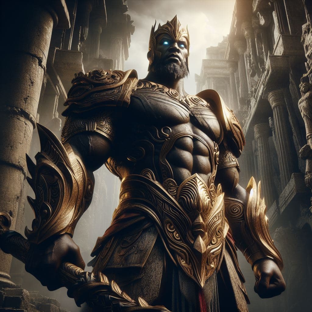 AI generated: God-King Darius: Capture the imposing figure of God-King Darius in a hyper-realistic photograph set ...
