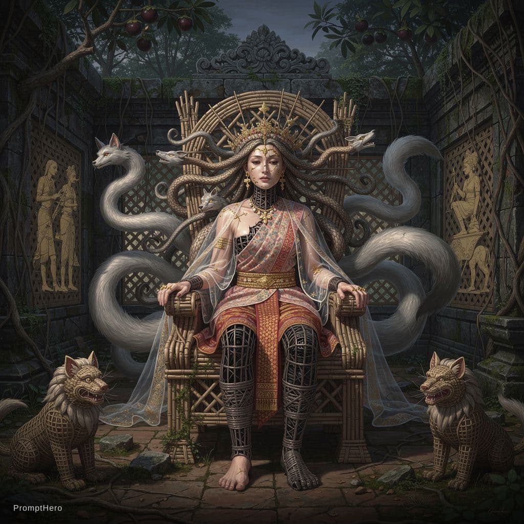 AI generated: masterpiece, intricate details, (symbolic painting:1.3), in the style of Pich Sopheap, (woven rattan...