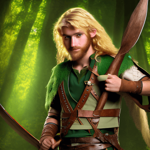 AI generated: high detailed professional upper body photo of a very young half-elf archer with shaggy blonde beard...