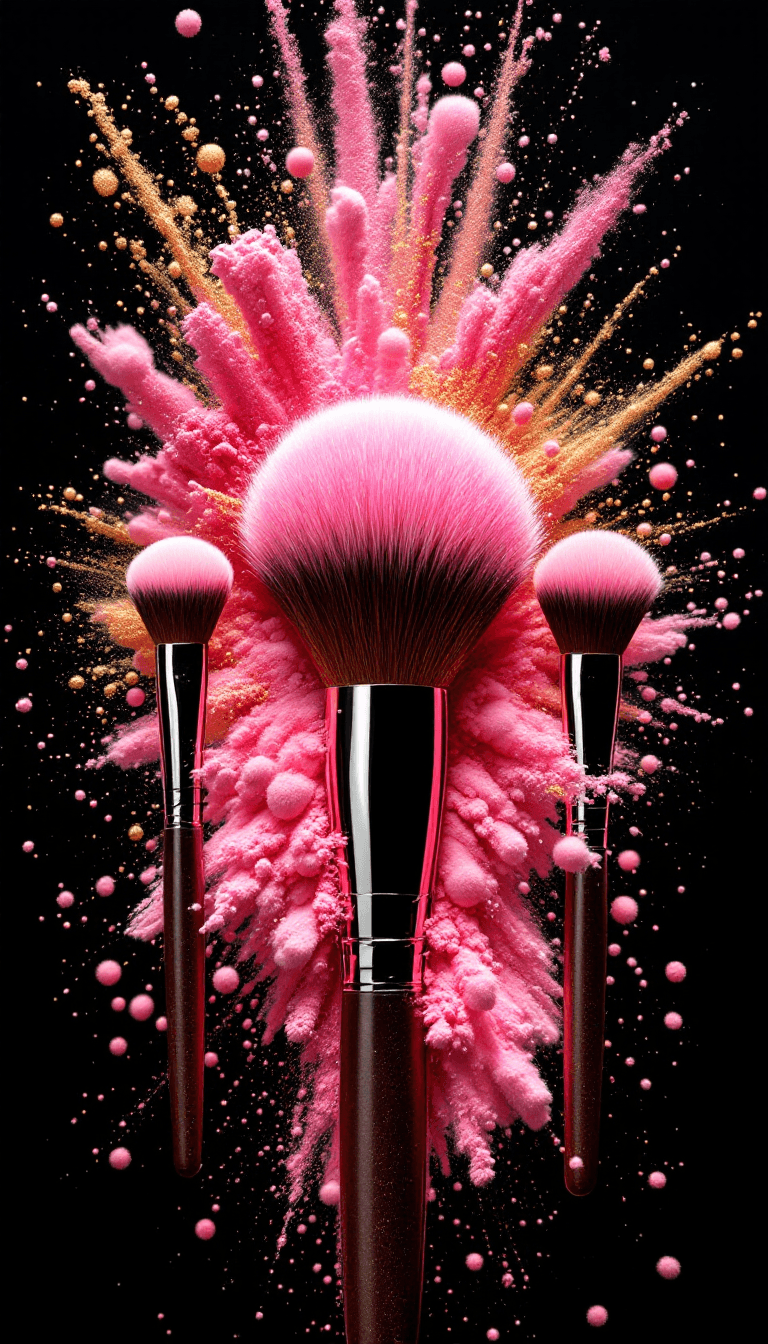 AI generated: a photo of 3 big cosmetic brushes with a pink and golden powder explosion on a black background --ar...