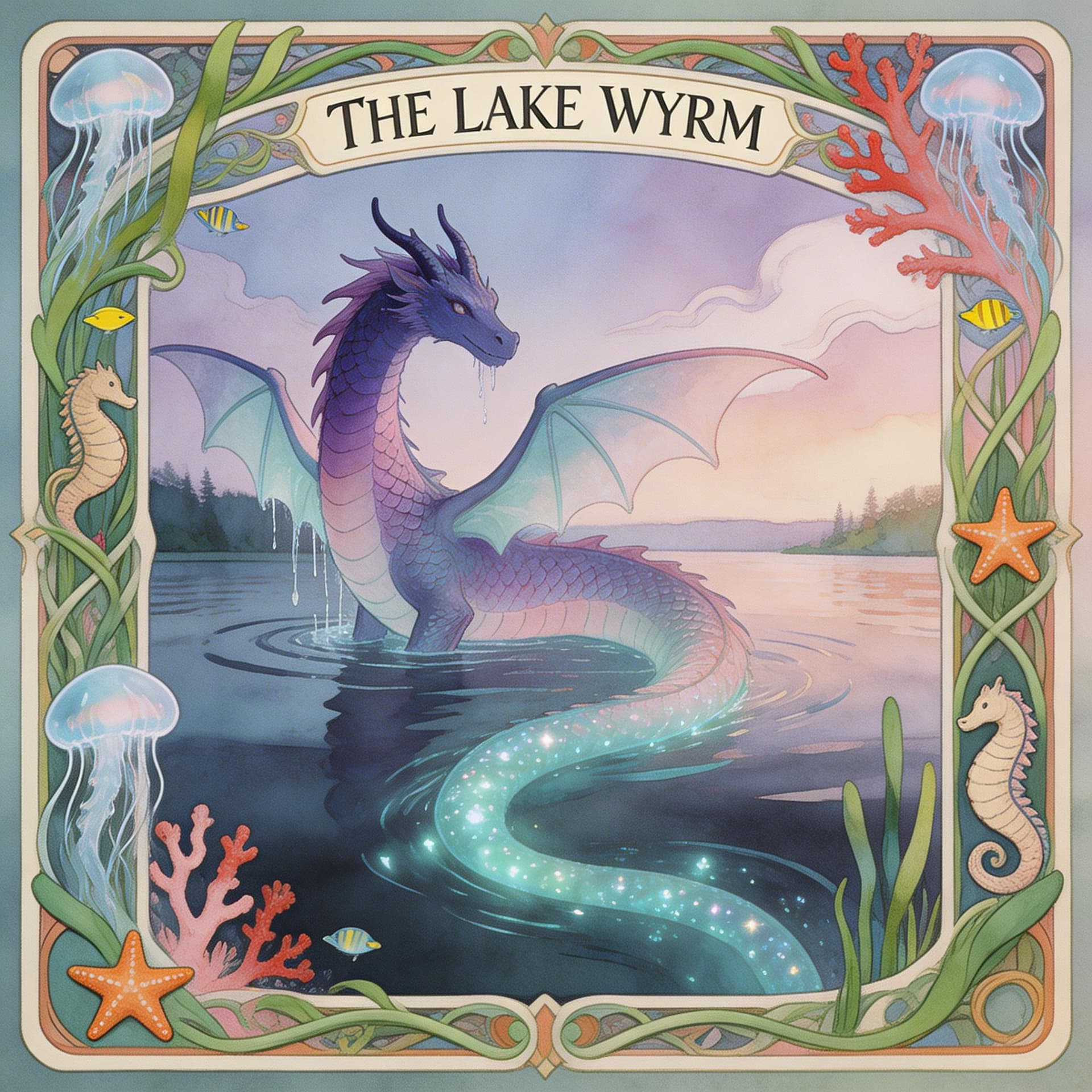 AI generated:  a tarot card illustrating an ombre dragon emerging from a lake, her tail sparkling with bioluminesc...