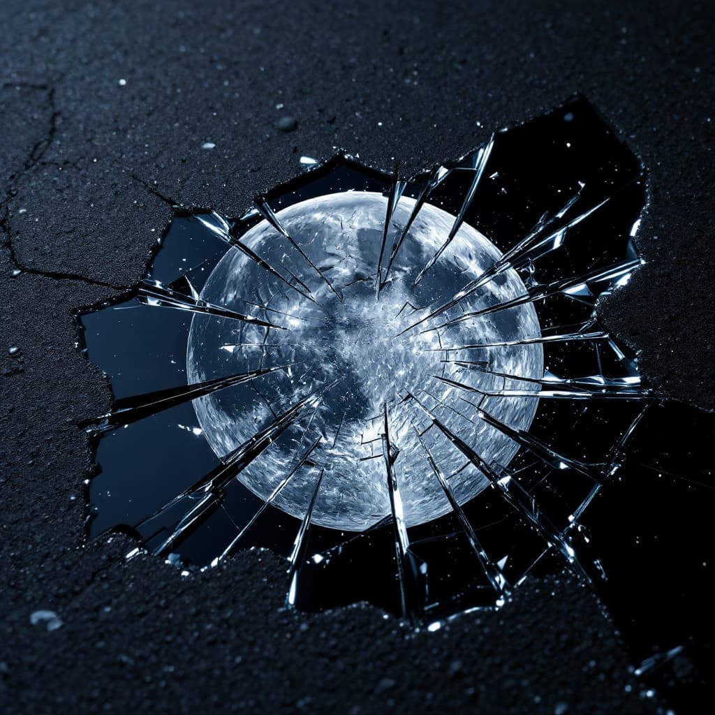 AI generated: highly reflective glass showing the full moon in it's brilliance and detail, the glass is shattered ...