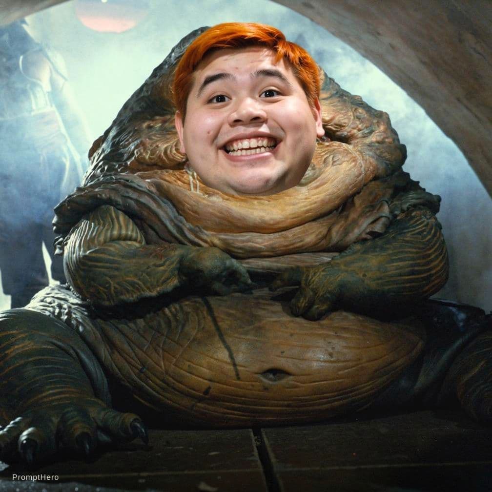 AI generated: Use the first image as the main body, pose, and composition (Jabba the Hutt style large alien body)....