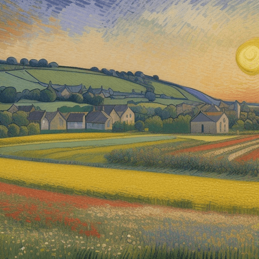 AI generated: French village landscape with the field and the flowers during sunset, painted in Van Gogh style.
