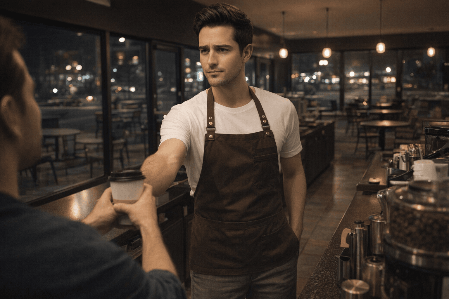 AI generated: At night. The model is a barista at a big coffee shop. He is behind the counter serving 1 customer. ...