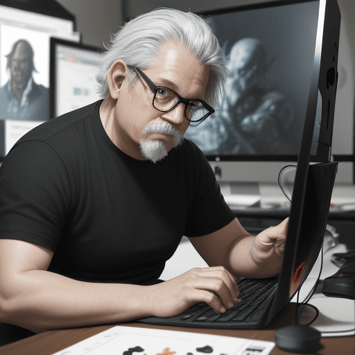 AI generated: man  a black shirt sitting at a desk with a computer, graphic designer / gamer ludwig,, playing game...