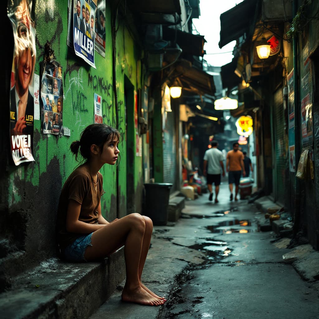 AI generated: create a reaslistic imaage In a narrow, dimly-lit alleyway with makeshift shops and signs, a young g...