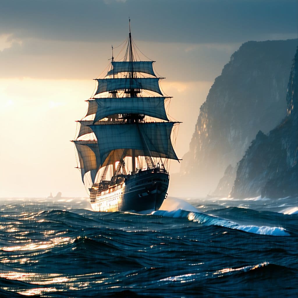 AI generated: Photo of a ultra realistic sailing ship, dramatic light, pale sunrise, cinematic lighting, battered,...