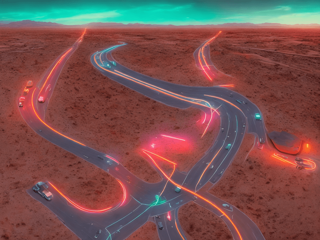 AI generated: In the dead of night, the neon lights of Route 66 illuminate the surrounding desert. Zooming down th...