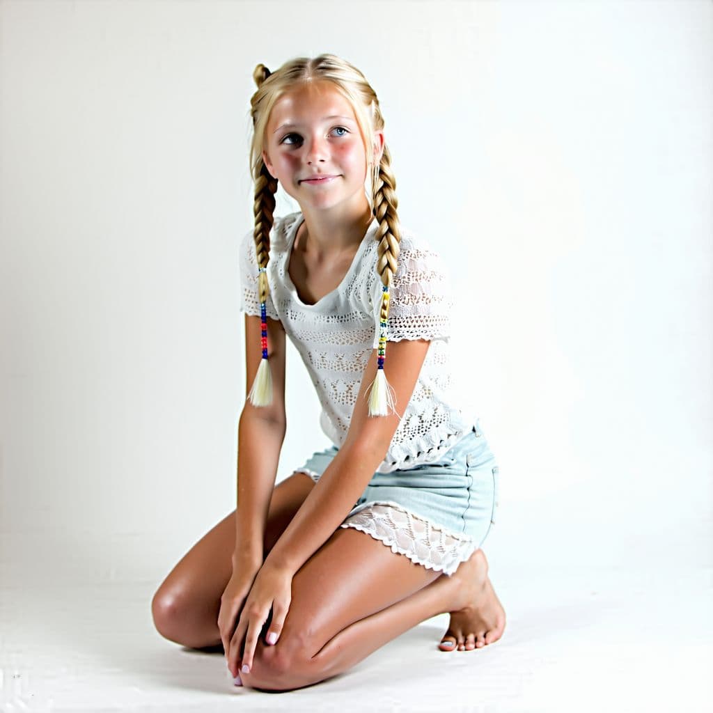 AI generated: Realistic photograph of a blonde (20 years of age ) with an angelic face kneeling  before the camera...