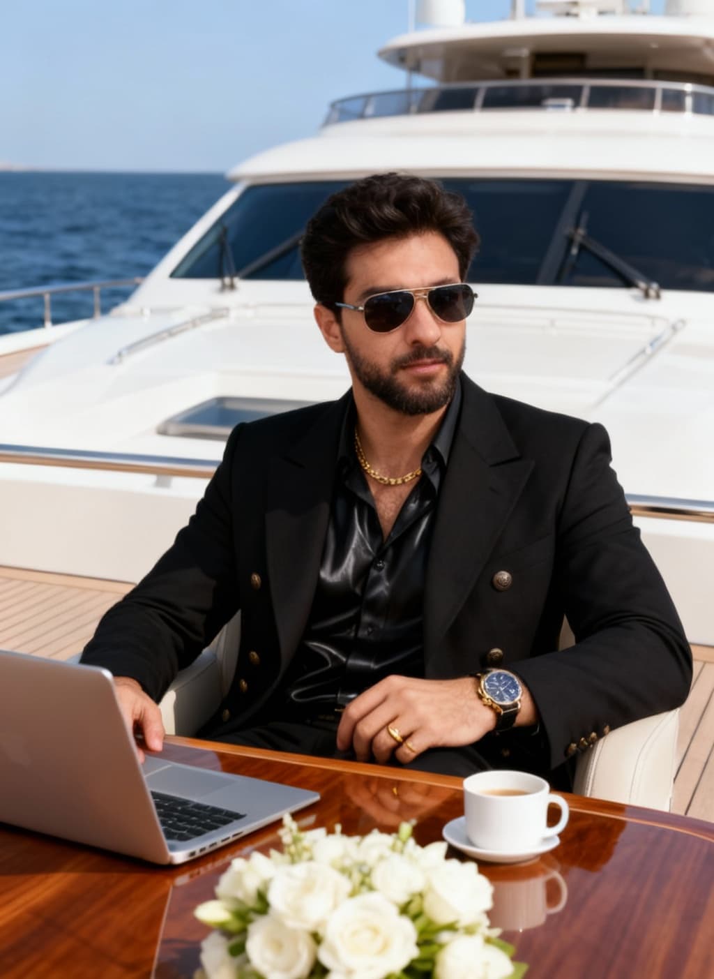 AI generated: A photorealistic, high-fashion lifestyle
portrait of a handsome young man with dark hair and a beard...