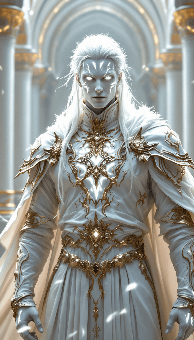 AI generated: all white, white final fantasy, male, mage, priest, white body skin, fantasy big white color full bo...