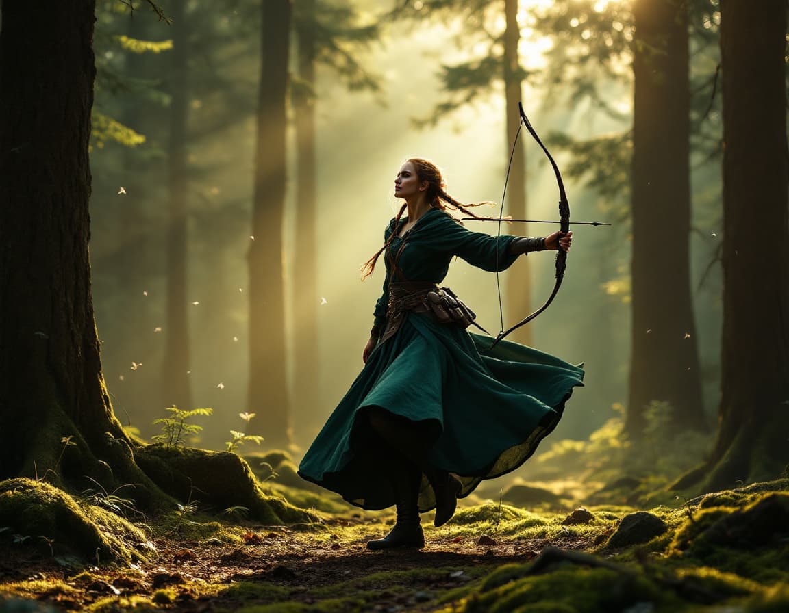 AI generated: In a quiet forest clearing, a medieval huntress dances alone at dawn. She carries a crossbow slung c...