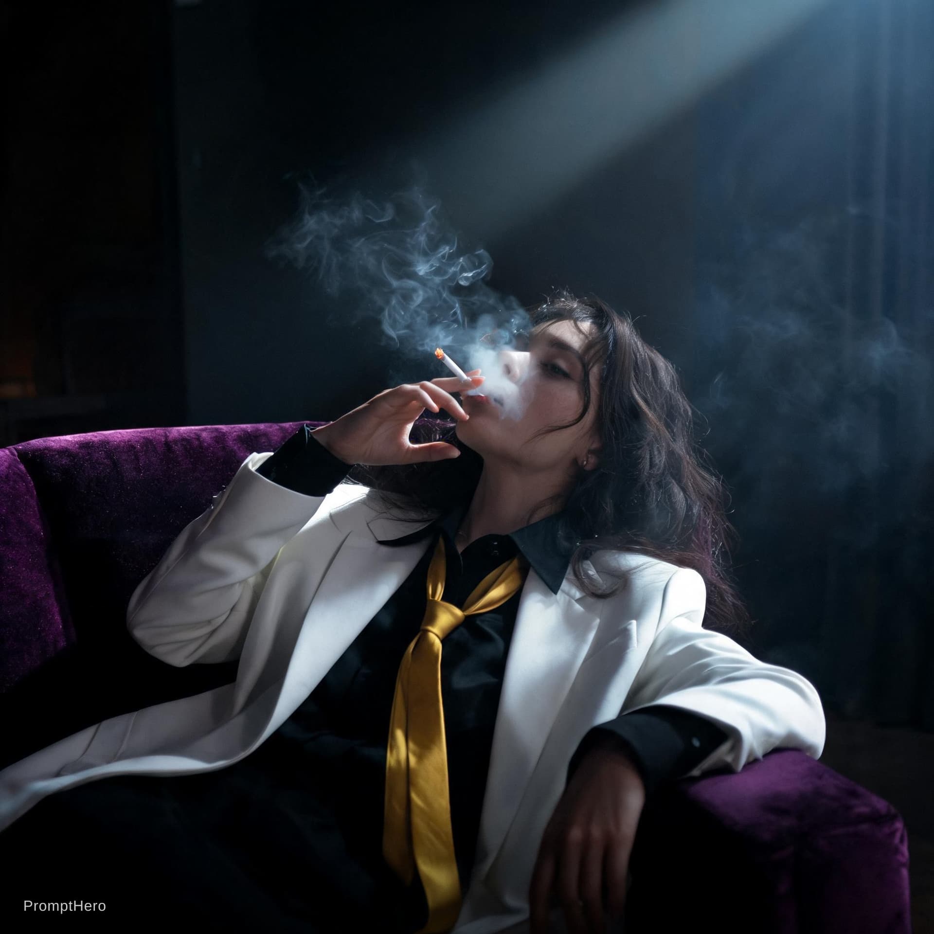 AI generated: snapshot, dimly lit room with a hazy atmosphere, capturing a female model lounging on a deep purple ...