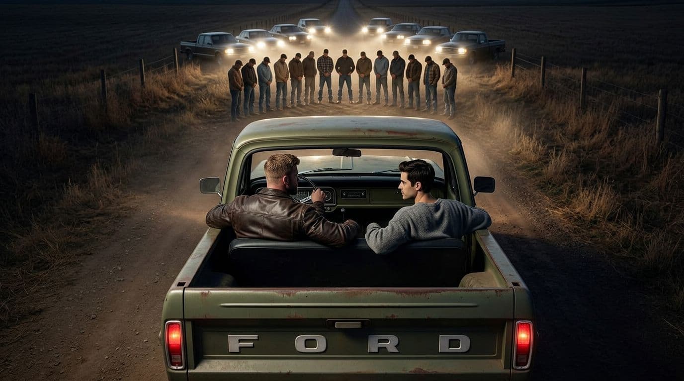 AI generated: In an Autumn night. the male muscular model is driving a vintage olive green Ford pick up truck. The...