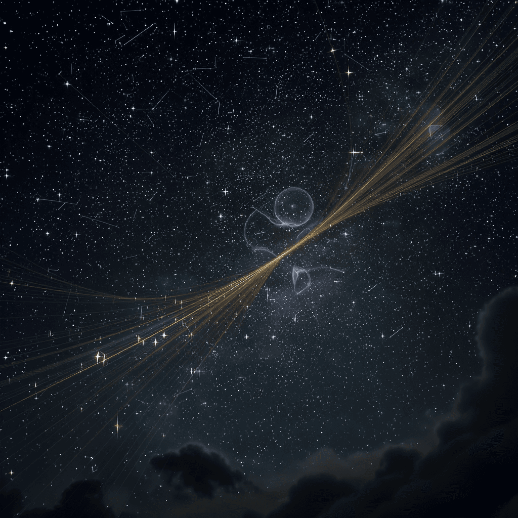 AI generated: A vast night sky filled with drifting golden threads weaving through constellations, soft glowing sy...