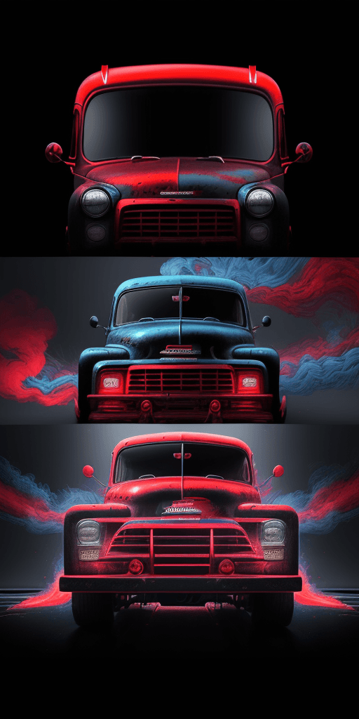 AI generated: full modified,  red doff,  1952 GMC Suburban CaryAll,  races in the midnight of shibuya street,  whe...