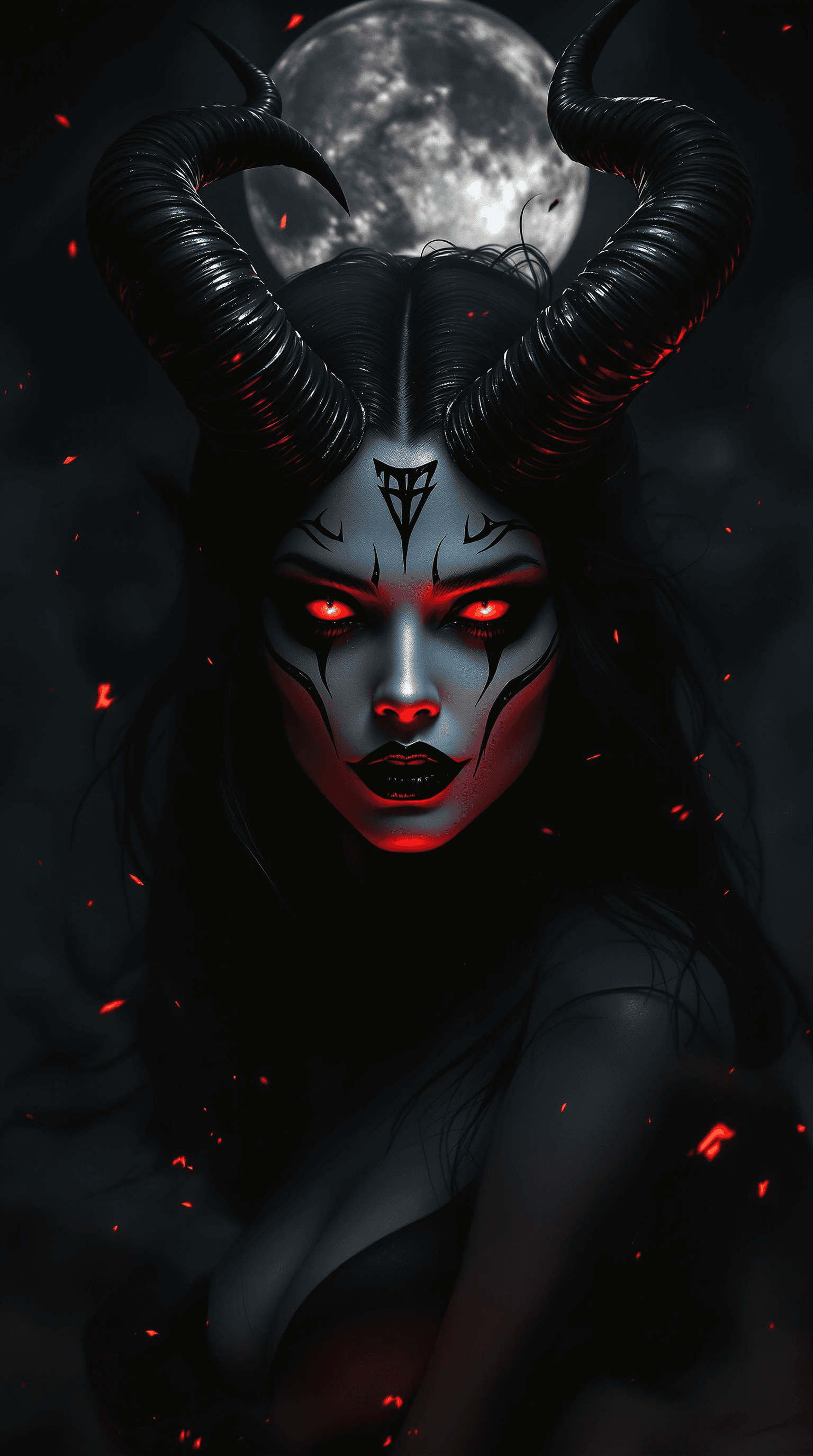 AI generated: A seductive female demon queen in the moonlight and a hunting "phantom of the opera" dramatic portra...
