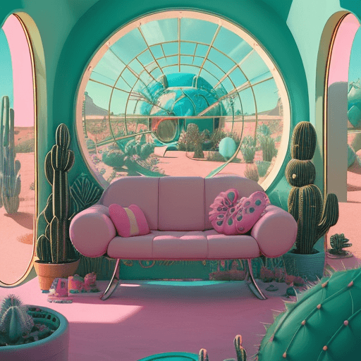 AI generated: cactus plants and a couch in a desert setting with a round window, futuristic in the desert, googie ...