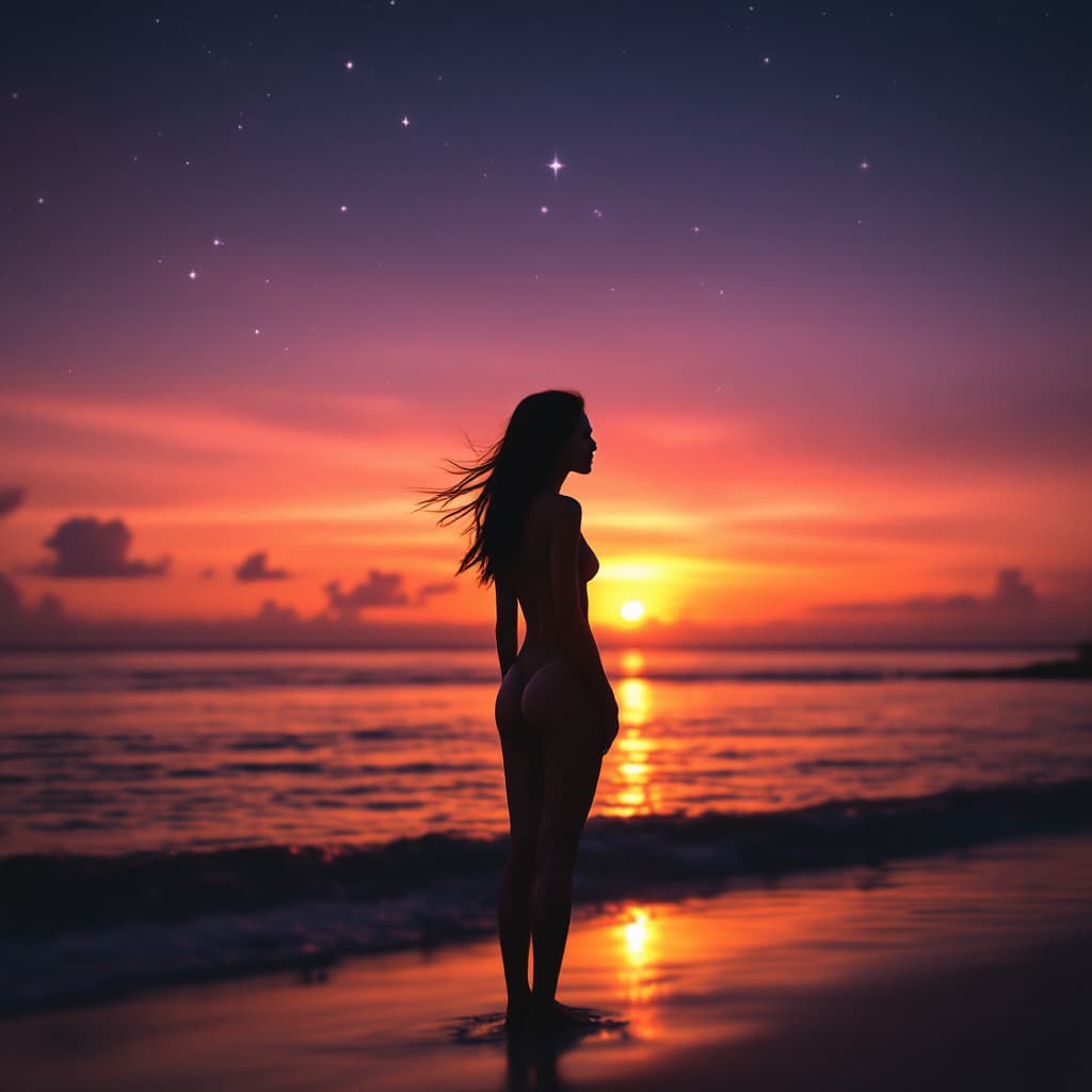 AI generated: A serene Thai beach at sunset, where the sky is a gradient of orange, pink, and deepening purple. A ...
