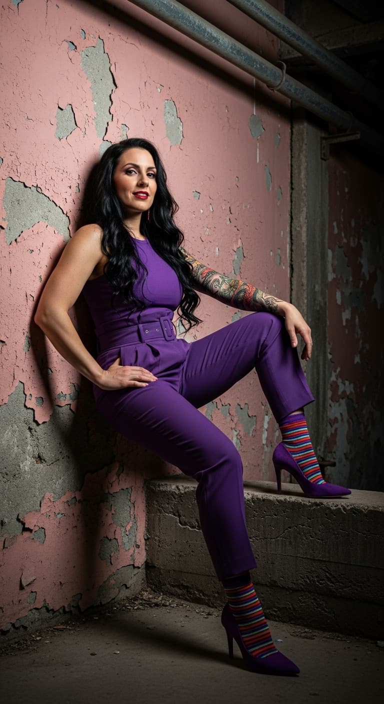 AI generated: A woman with long hair sits against a pink, peeling wall, wearing a purple outfit, high heels, and c...