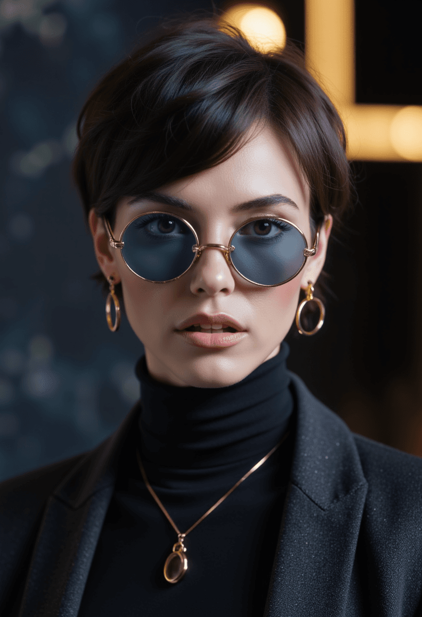 AI generated: A fair-skinned woman with short dark hair and blue-tinted sunglasses stands confidently in a dark, l...