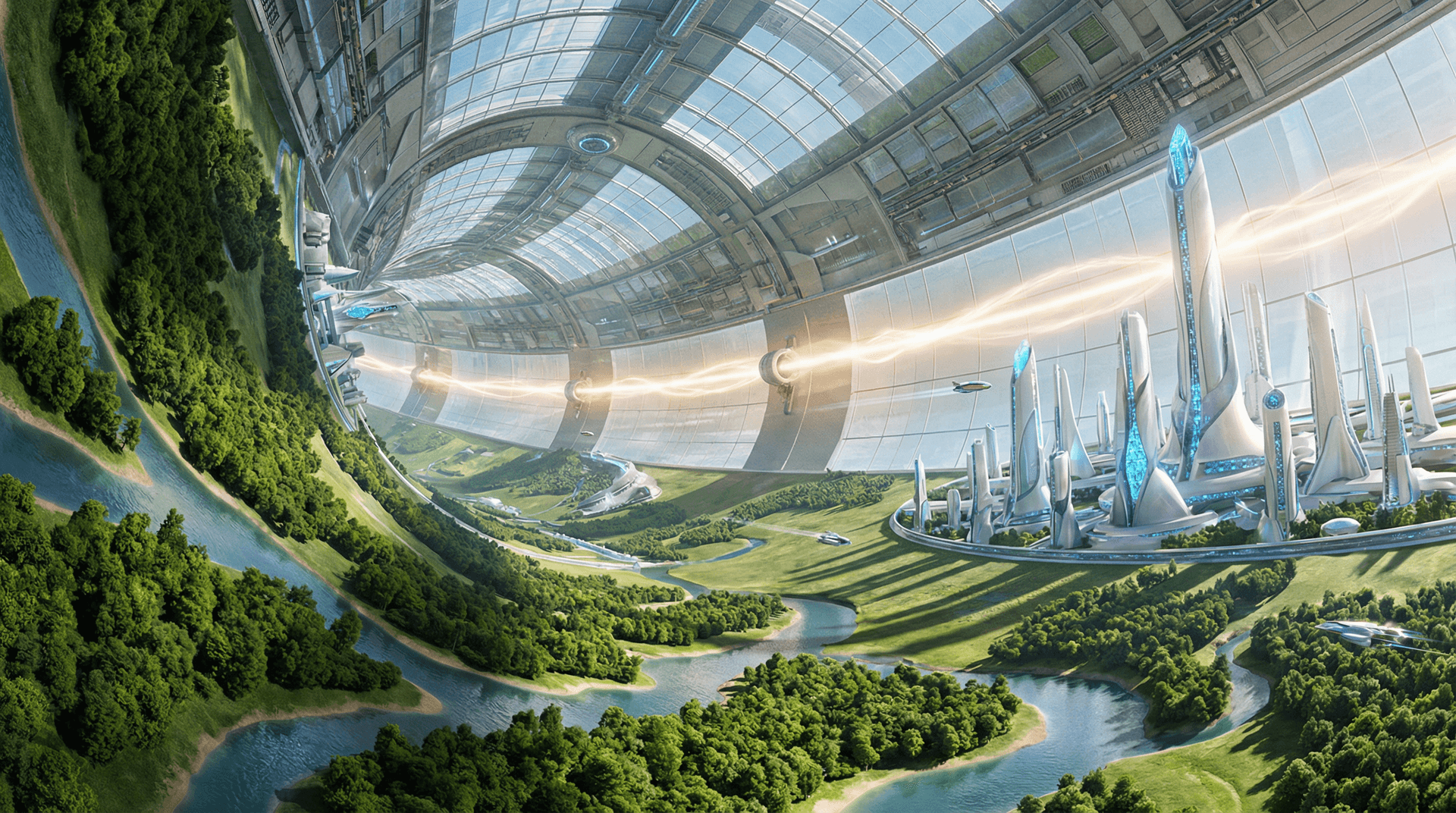 AI generated: A hyper-realistic, wide-angle shot from inside a massive O'Neill Cylinder space colony. A lush green...