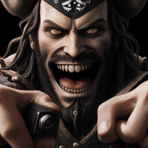 AI generated: High resolution photography, blackbeard the pirate with evil smile reaching out towards the camera