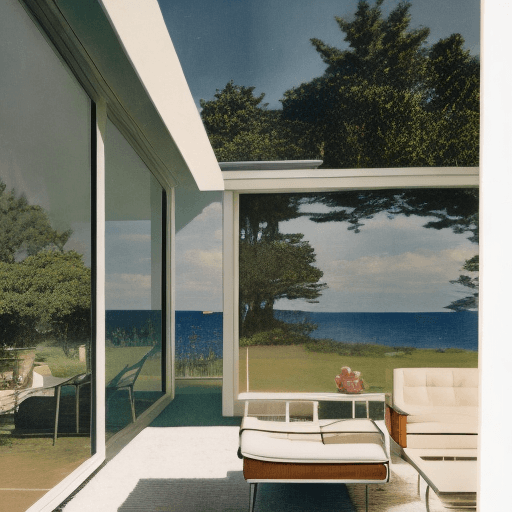 AI generated: Hyper realistic eye level exterior photo of a mid century modern style house overlooking the ocean, ...