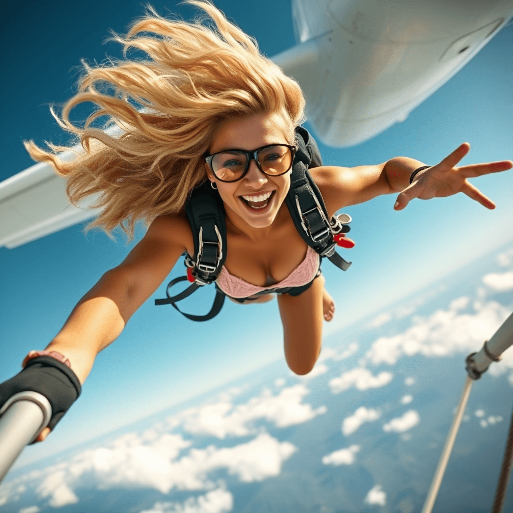 AI generated: windy action shot dirty blonde curly hair girl with ((big breast)) with beautiful smile in pink micr...